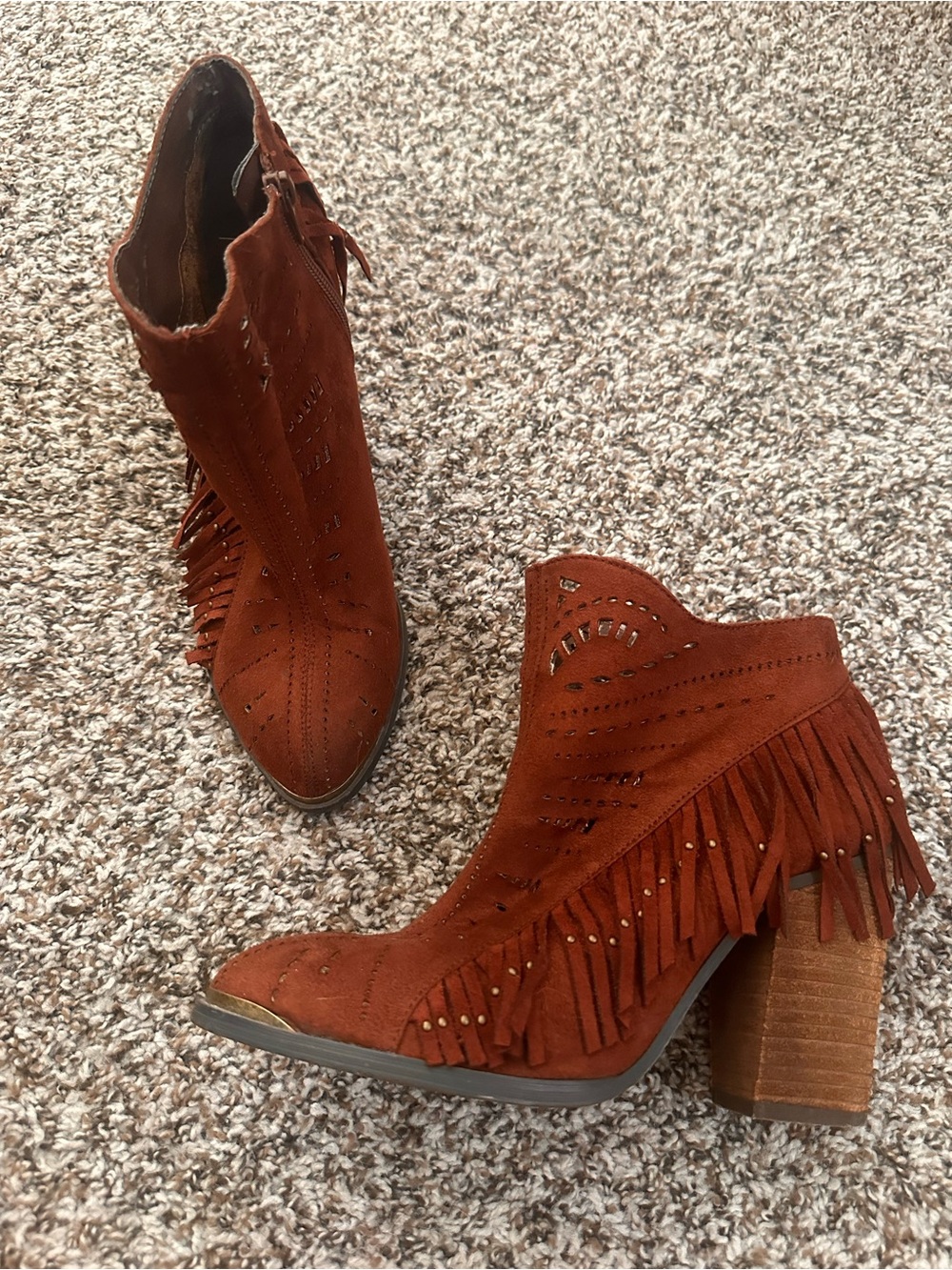 Not Rated Suede Fringe Western Ankle Boots - Rust